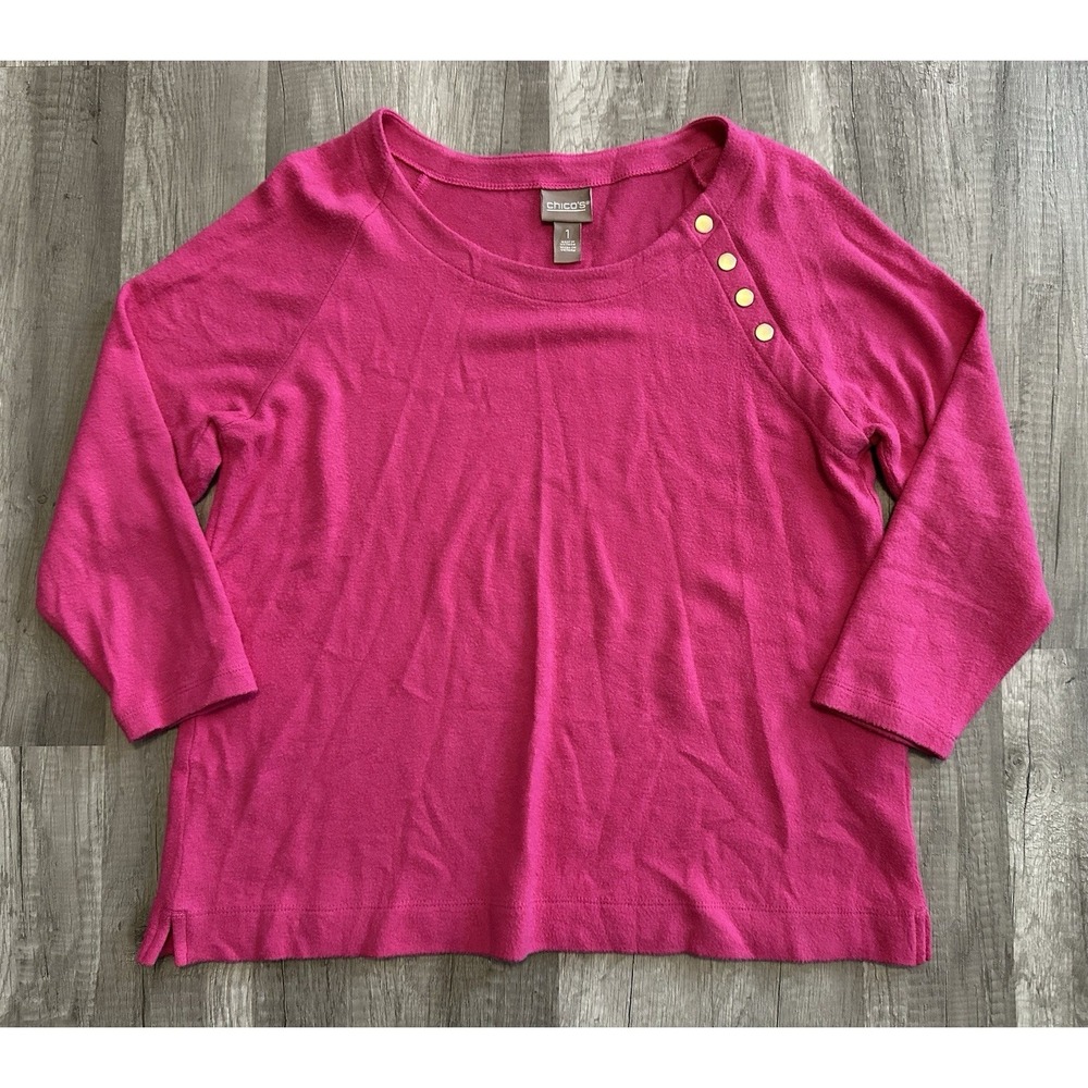 Chicos Pink‎ Boat Neck 3/4 Sleeve Button Shoulder Knit Top Size 1 Us Medium